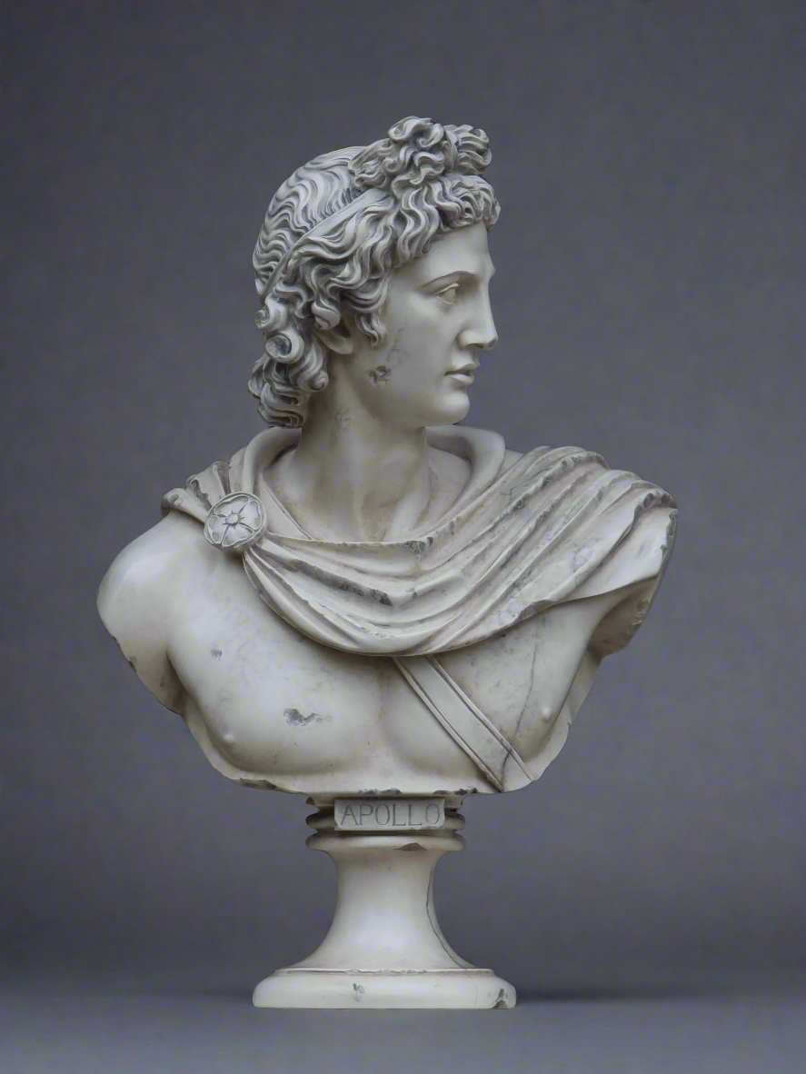 White marble bust of a classical figure on a gray background