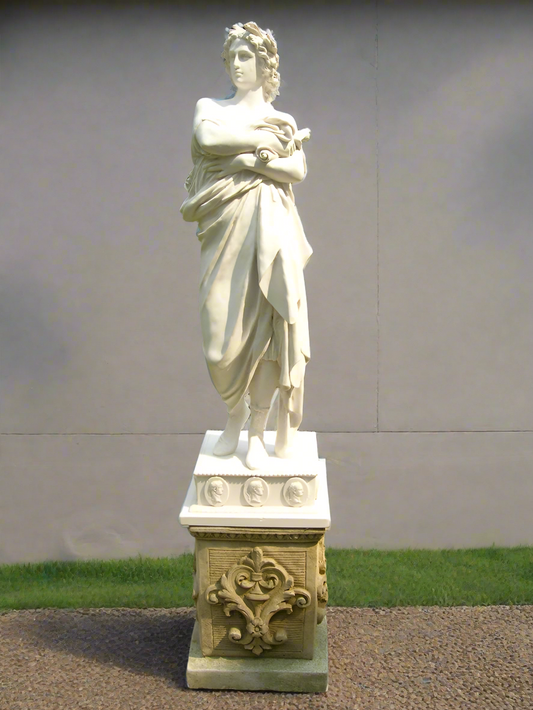Statue of a classical figure on a pedestal against a plain background