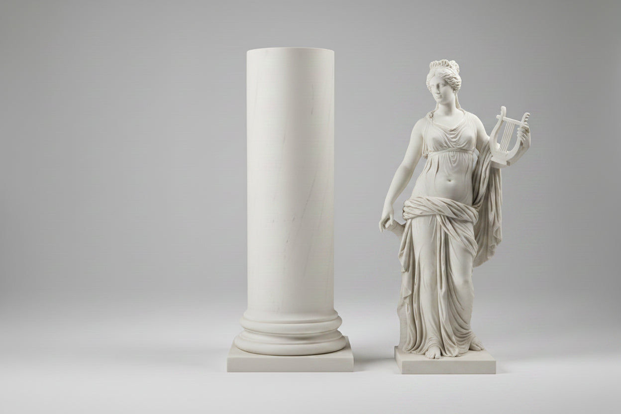 Drum Column Pedestal — Carrara White Marble Effect
