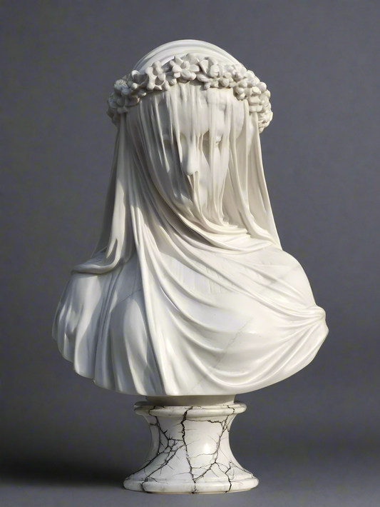White marble bust with draped fabric and floral crown on a gray background
