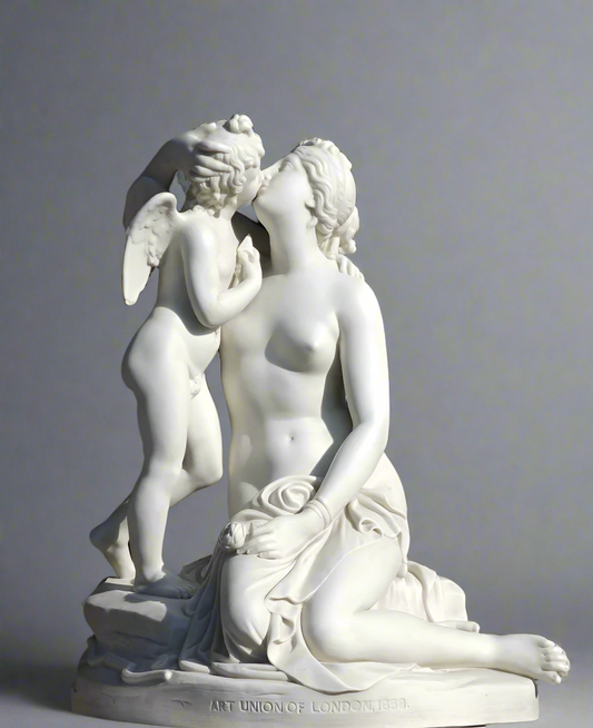 White marble sculpture of a woman and an angel on a gray background