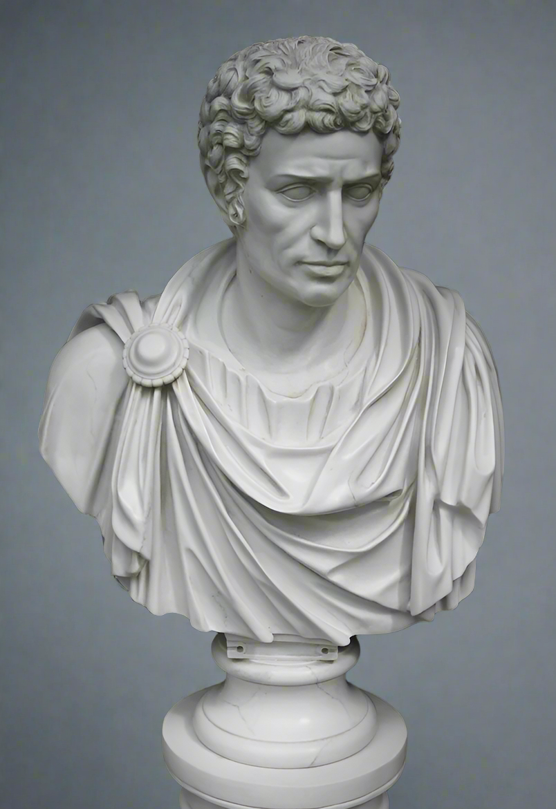 White marble bust of a classical figure against a gray background