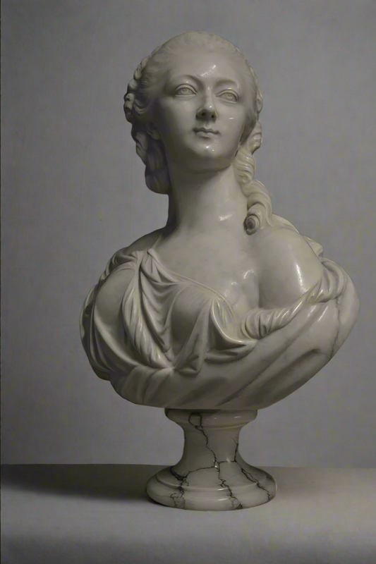 White marble bust of a woman on a gray background