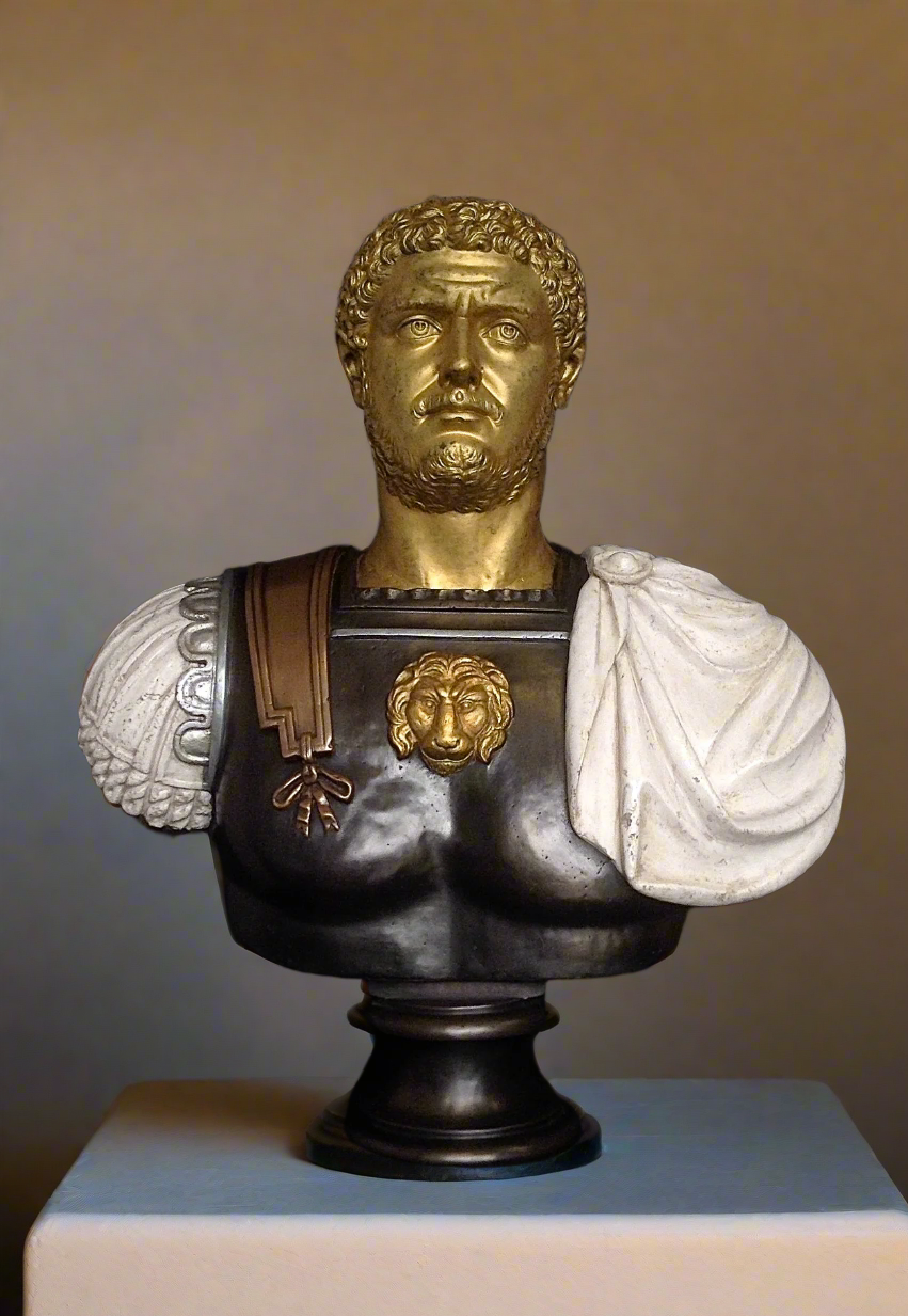 Bust of a classical figure with gold and bronze details on a neutral background