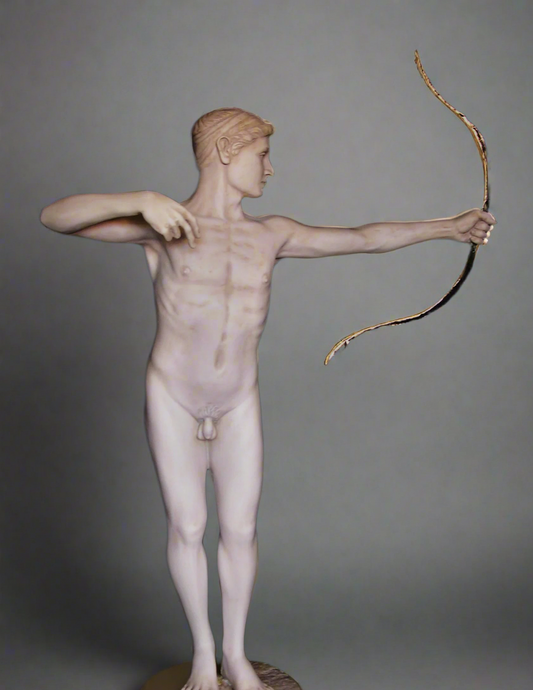 Statue of a nude archer holding a bow on a gray background