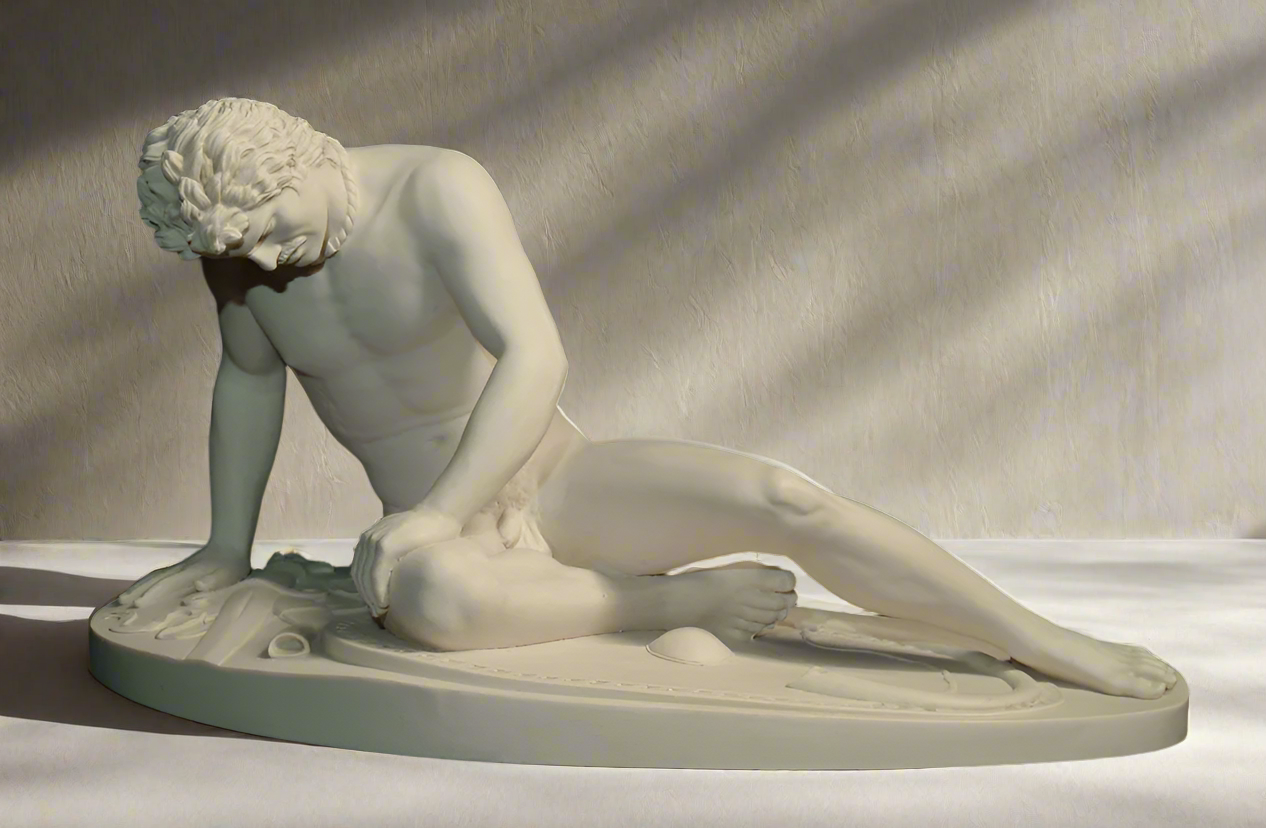 Statue of a nude figure on a plain background