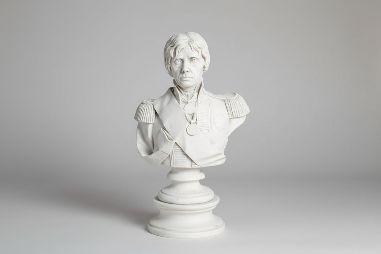 A white marble bust of Horatio Nelson, featuring the subject in a military uniform with decorations, with a visible eye patch.