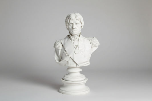 A white marble bust of Horatio Nelson, featuring the subject in a military uniform with decorations, with a visible eye patch.