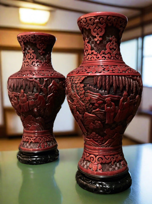 Japanese Carved Vase In Red Lacquer, A Pair
