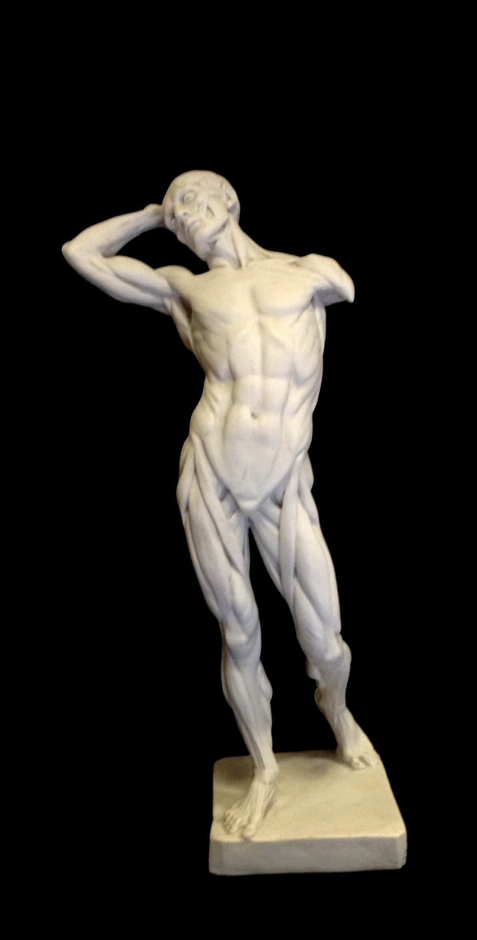 A marble sculpture statue of a nude male figure in a dynamic pose, displaying anatomical details.