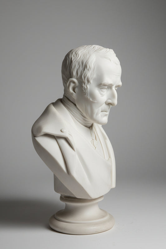 A marble bust of the Duke of Wellington, showing the subject from the shoulders up, wearing a coat and holding a book.