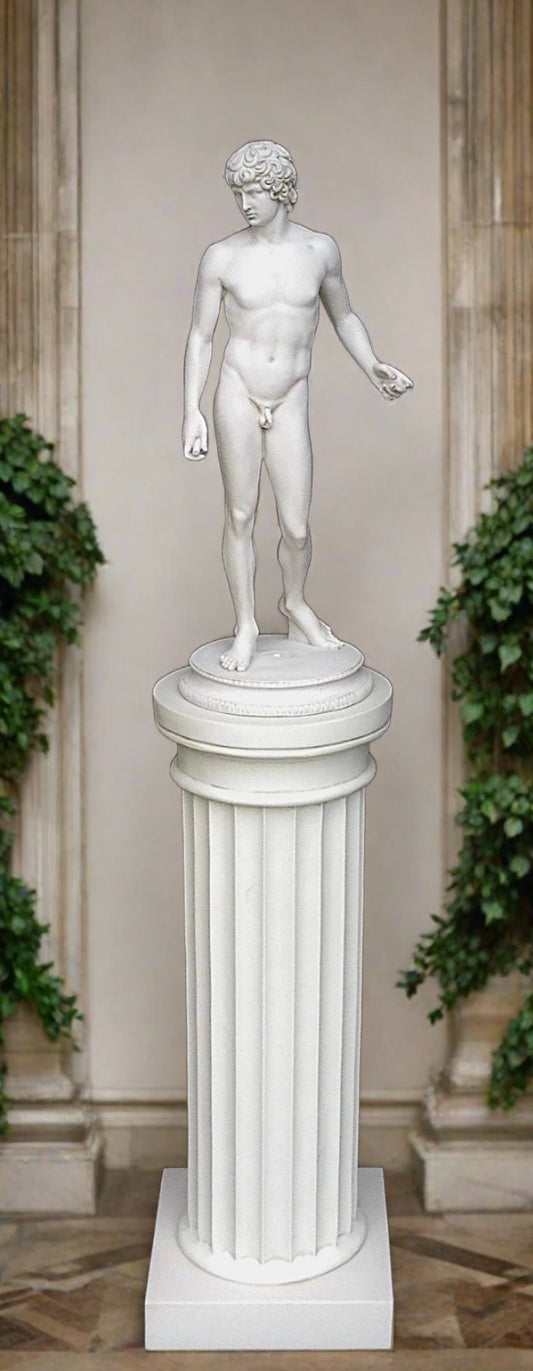 A white statue of a nude male figure standing on a column, representing the Antinous statue, after the Capitoline.