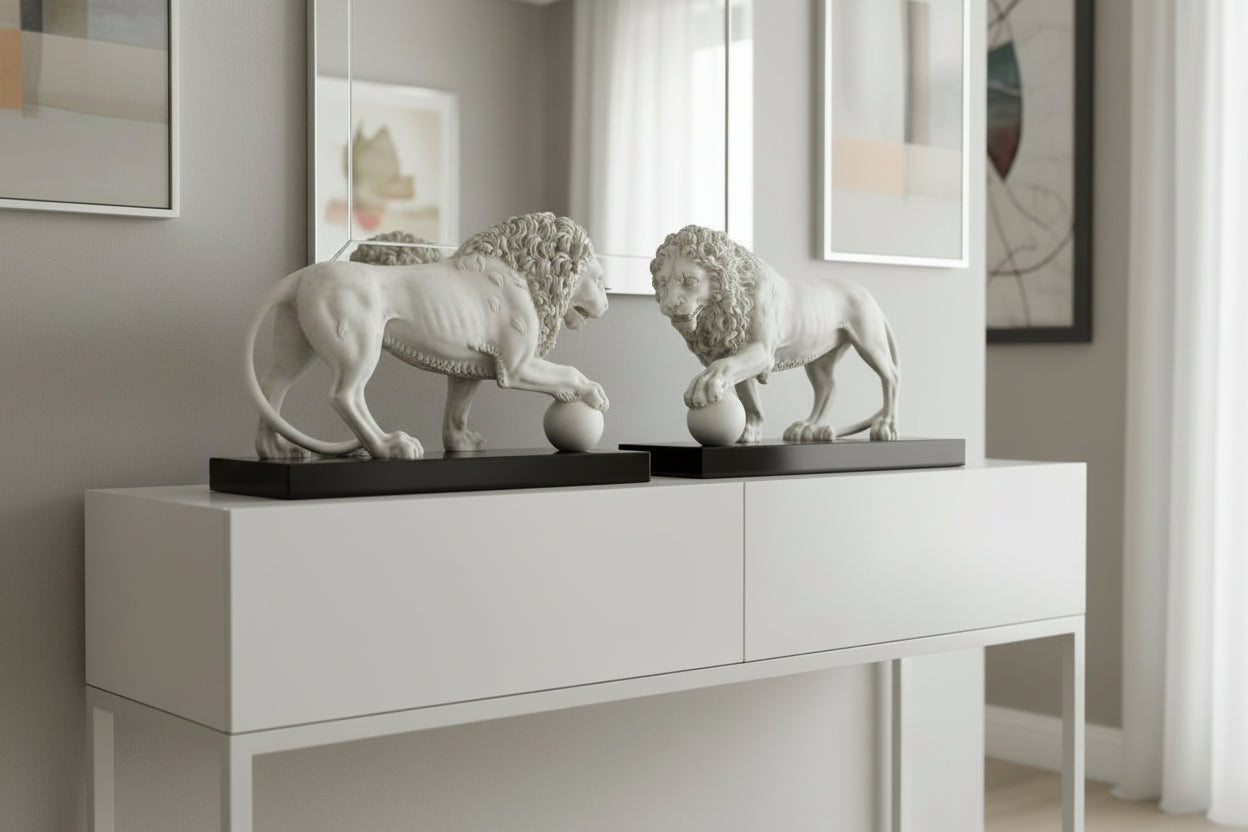 Medici & Vacca Lions Pair White On Black Base
