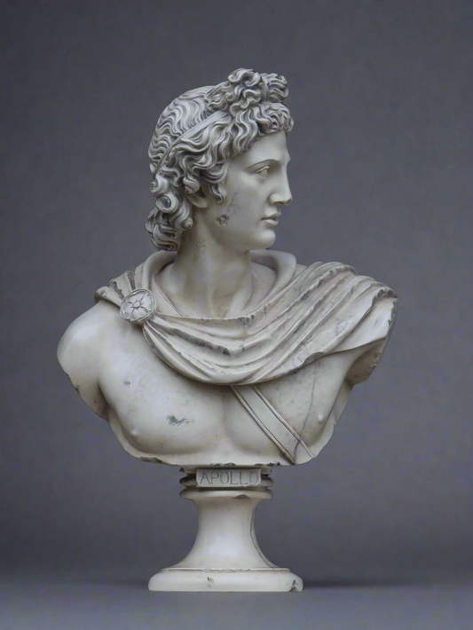 White marble bust of a classical figure on a gray background