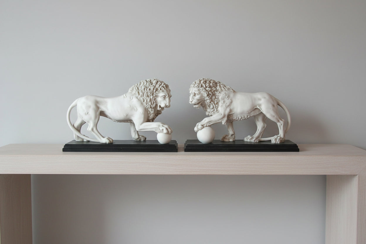 Medici & Vacca Lions Pair White On Black Base