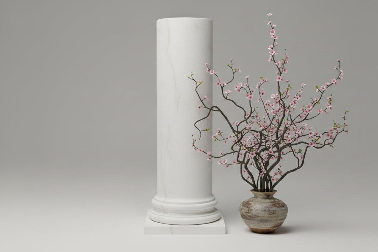 Drum Column Pedestal — Carrara White Marble Effect