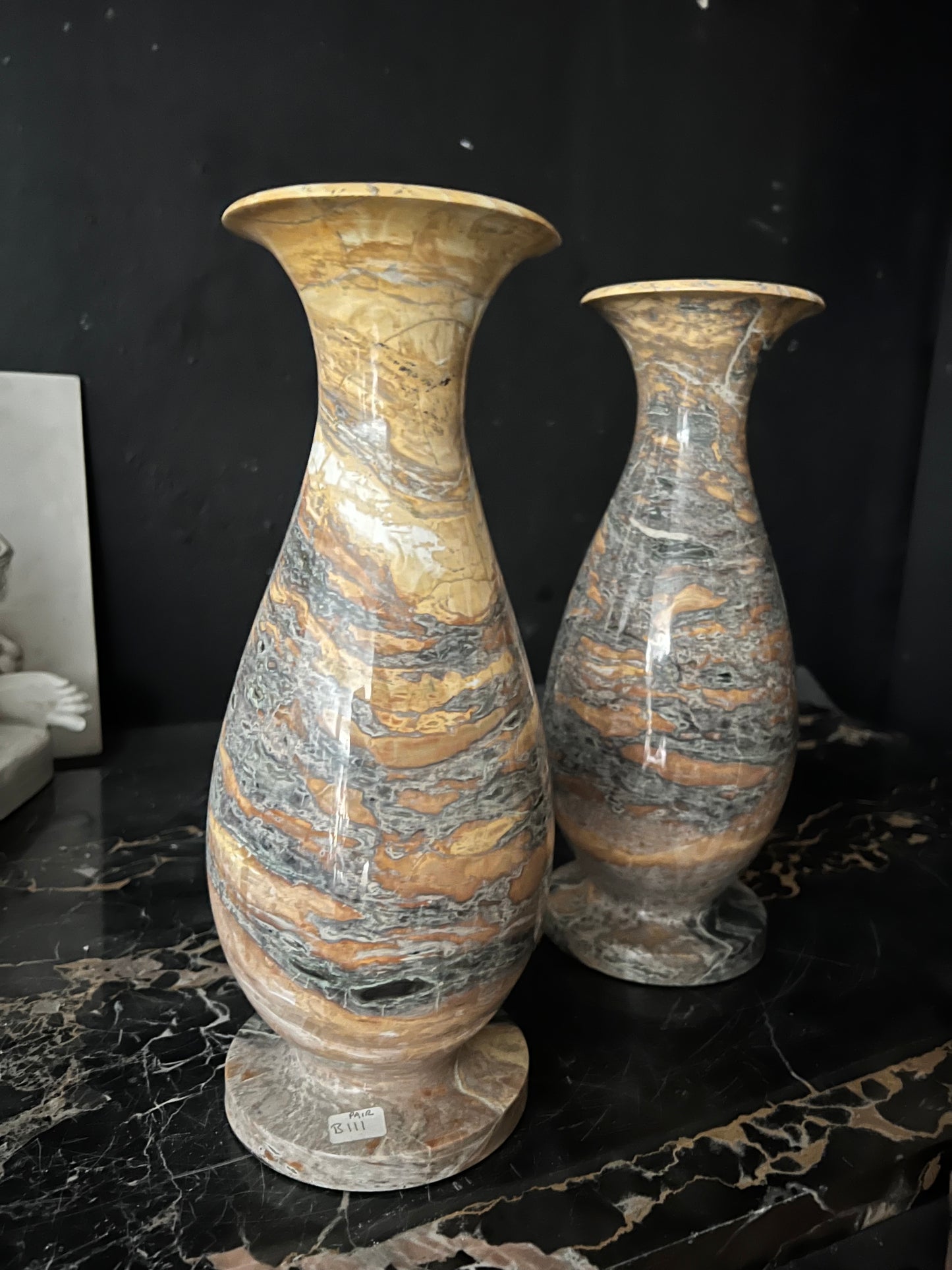 Peafowl Marble Vase Pair