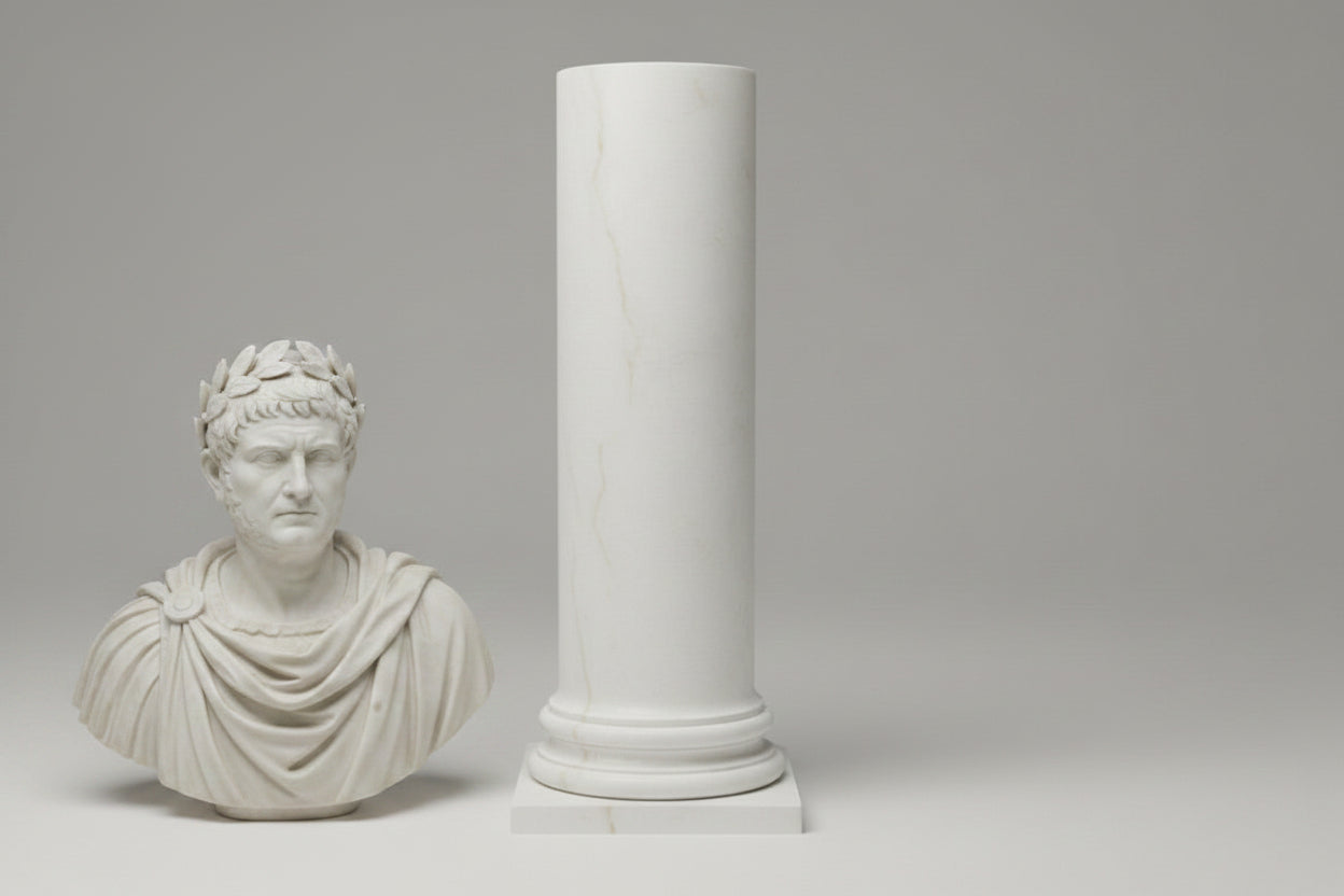 Drum Column Pedestal — Carrara White Marble Effect