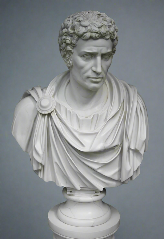 White marble bust of a classical figure against a gray background