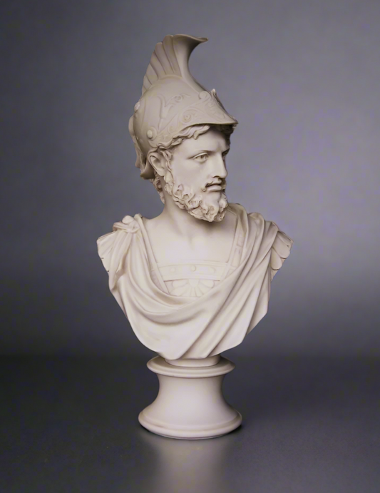 Bust of a classical figure wearing a helmet on a gray background