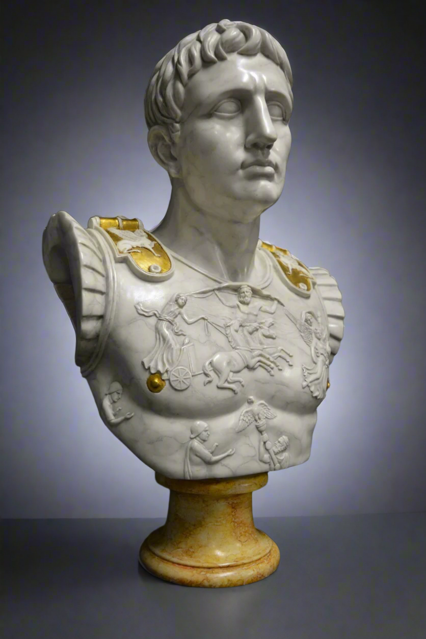 Bust of a classical figure with armor and decorative elements on a gray background
