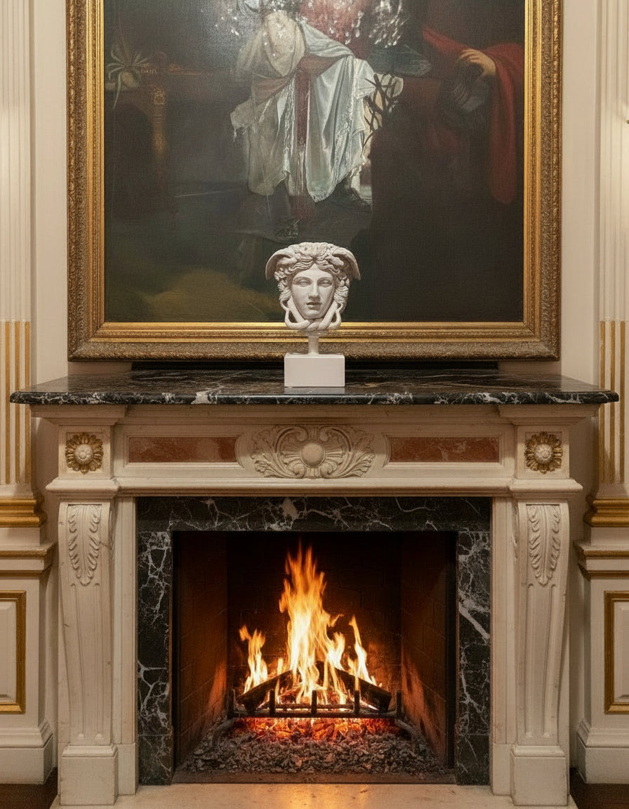 A classical bust of Medusa, crisp deep realistic detail throughout, with finely sculpted hair and detailed wings, with snakes at rest, but ready to pounce