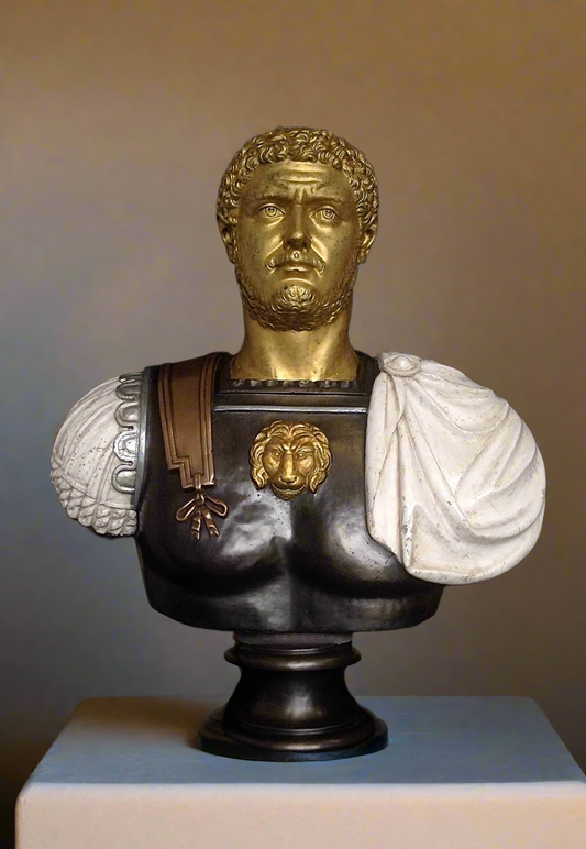 Bust of a classical figure with gold and bronze details on a neutral background