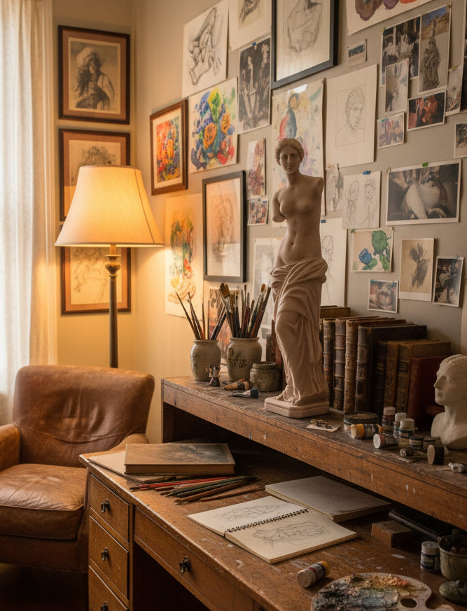 Artistic workspace with a desk, lamp, and various art supplies against a wall of framed artwork.