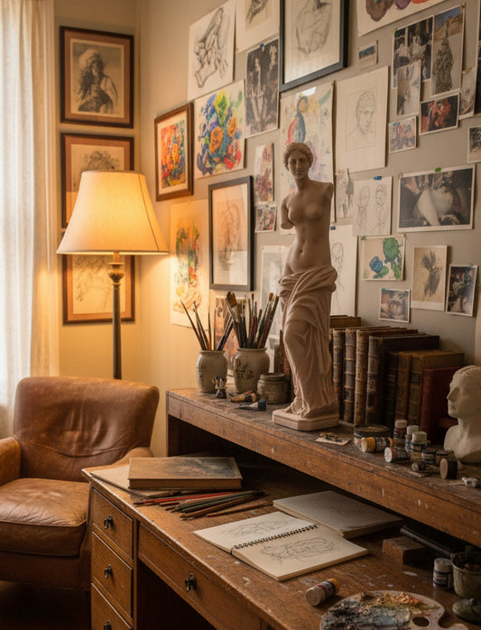 Artistic workspace with a desk, lamp, and various art supplies against a wall of framed artwork.