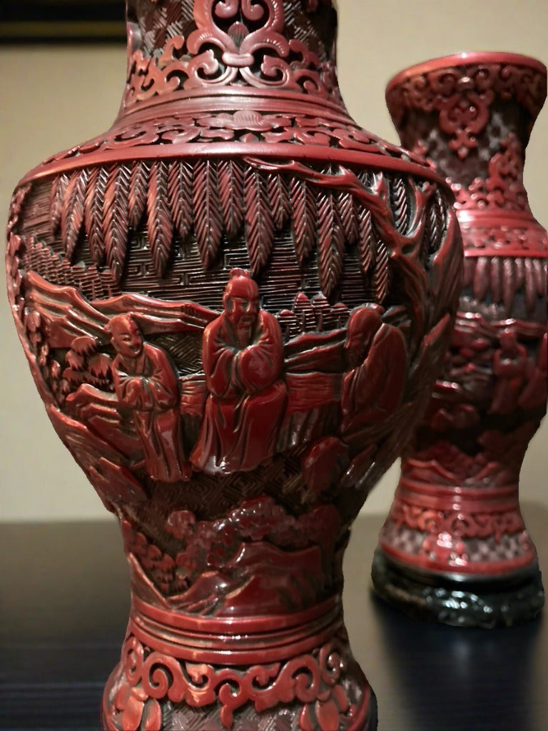 Japanese Carved Vase In Red Lacquer, A Pair