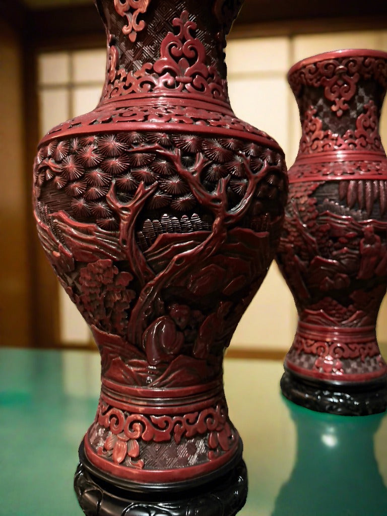 Japanese Carved Vase In Red Lacquer, A Pair