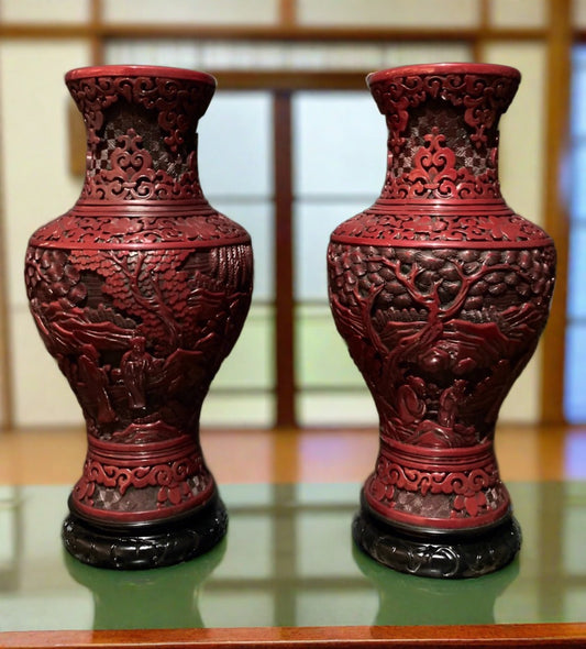 Japanese Carved Vase In Red Lacquer, A Pair