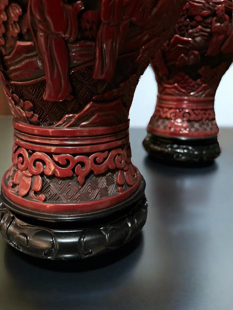 Japanese Carved Vase In Red Lacquer, A Pair