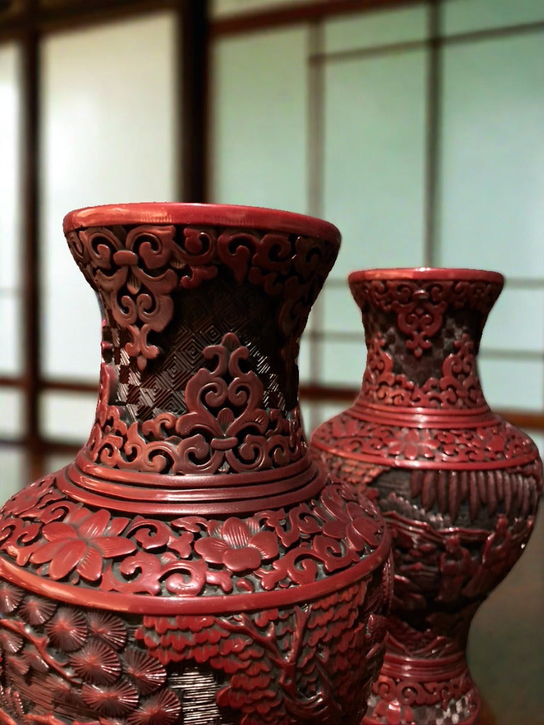Japanese Carved Vase In Red Lacquer, A Pair