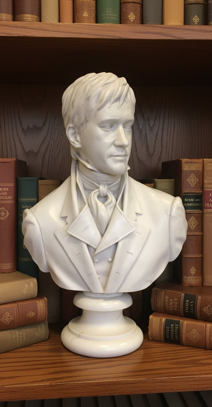 A sculptured marble bust of Fitzwilliam Darcy from the film 'Pride and prejudice', displayed on a surface.